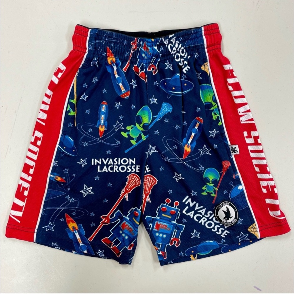 Flow Society Lacrosse Shorts Boys Small Invasion Attack Lax Aliens Robots Space